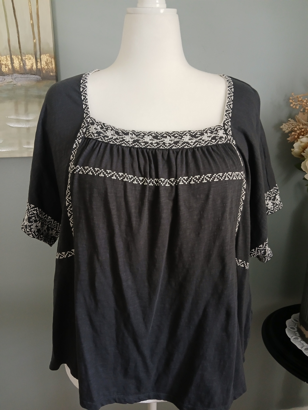 Lucky Brand Black Square-Neck Embroidered Tunic